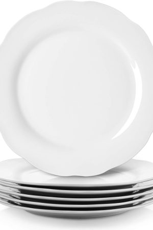 Ceramic Dinner Plates, 10.6 Inch Porcelain Scalloped Plates, Off-White Serving Dishes Set of 6 for Home Kitchen, Microwave & Dishwasher Safe, Dinnerware Dishes Gift for Thanksgiving Christmas