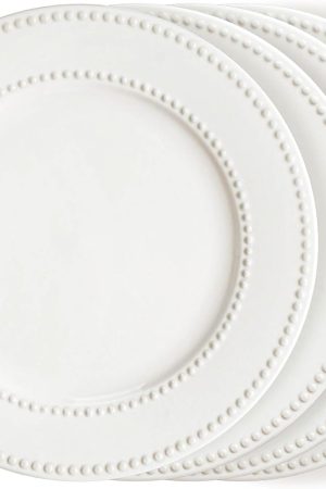 Four-piece set, 10.5-inch white ceramic plates, embossed salad plate, restaurant style, dishwasher and microwave safe