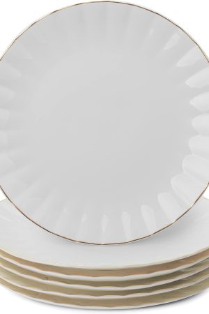 Porcelain Dinner Plates with Gold Trim,10.5 inch, Set of 6, White Dinner Plates Bulk, White Plate Set