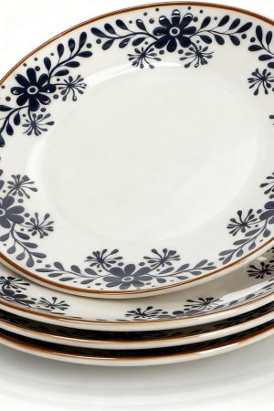 4 Pack Ceramic Dinner Plates, 10" Round Appetizer Plates, Blue Floral Dessert Serving Dishes, Vintage Salad Plate, Scratch Resistant Dinnerware for Kitchen, Microwave Dishwasher Oven Safe