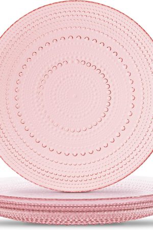 Pink Hobnail Plates, Set of 4 Glass Vintage 10.5” Dinner Plates that are Dishwasher Safe